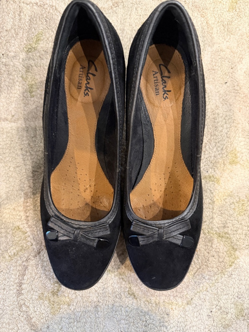 Clarks Black Suede Low Heel Pumps with Bow Accent